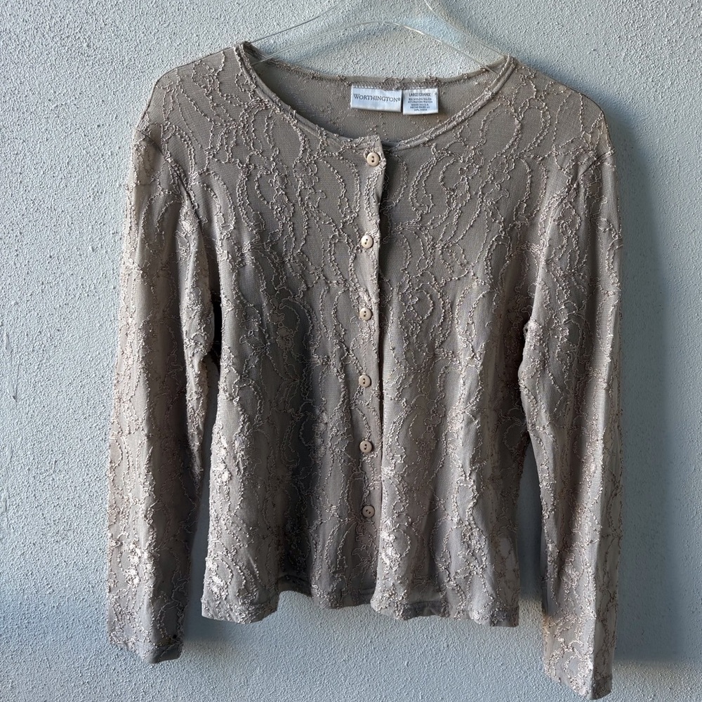 Vintage Worthington Beige Lace Long Sleeve Button Up Top Size Large Cottage